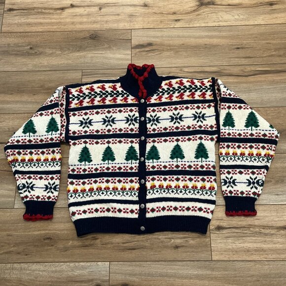Christmas Cardigan Sweater SZ Large Fair Isle Holiday Trees 100% Wool Collared - Picture 1 of 13